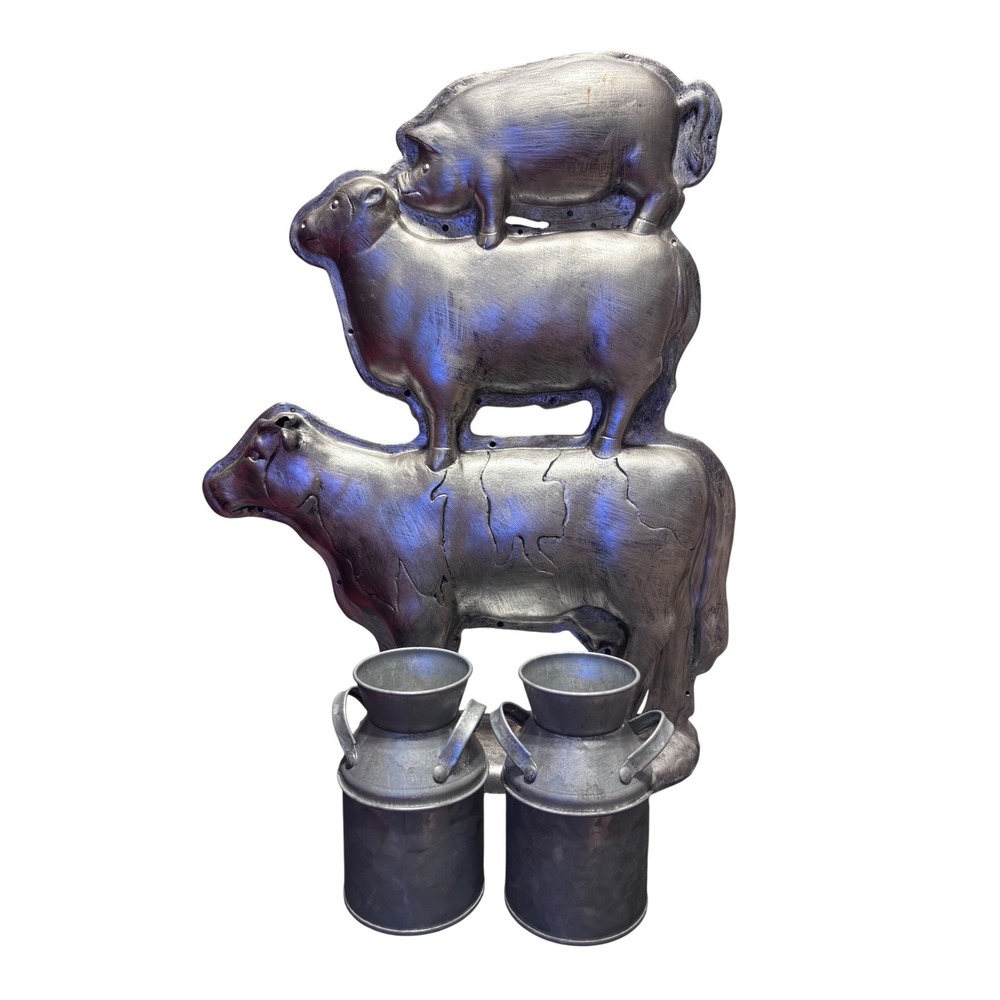 Farmhouse Animal Stack Figurine & Milk‎ Jugs Silver Gray Excellent 3pc